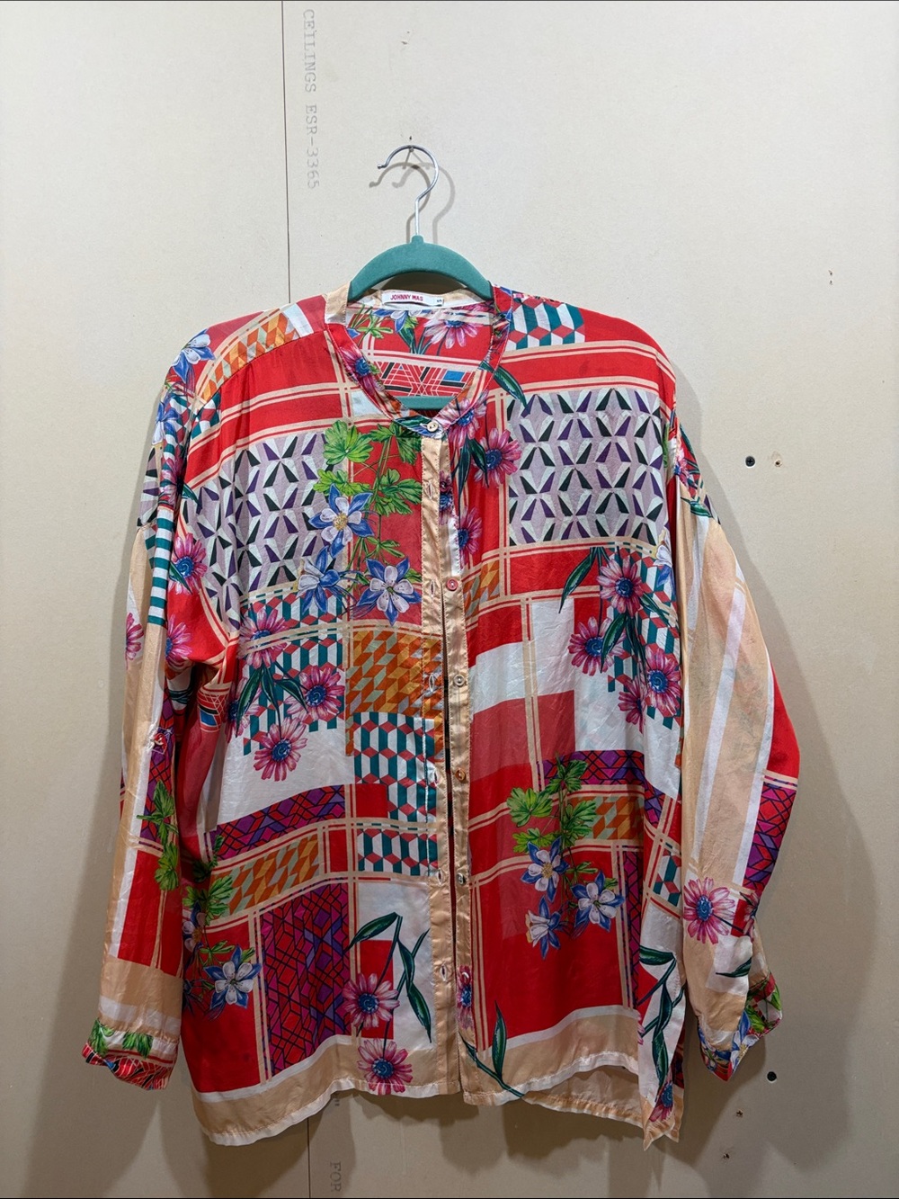 Johnny Was Red Floral Patterned Silk Long Sleeve Blouse Size S